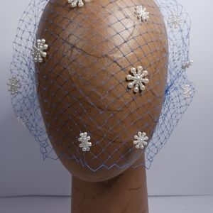Elegant Blue Veil with Pearl Snowflake Accents
